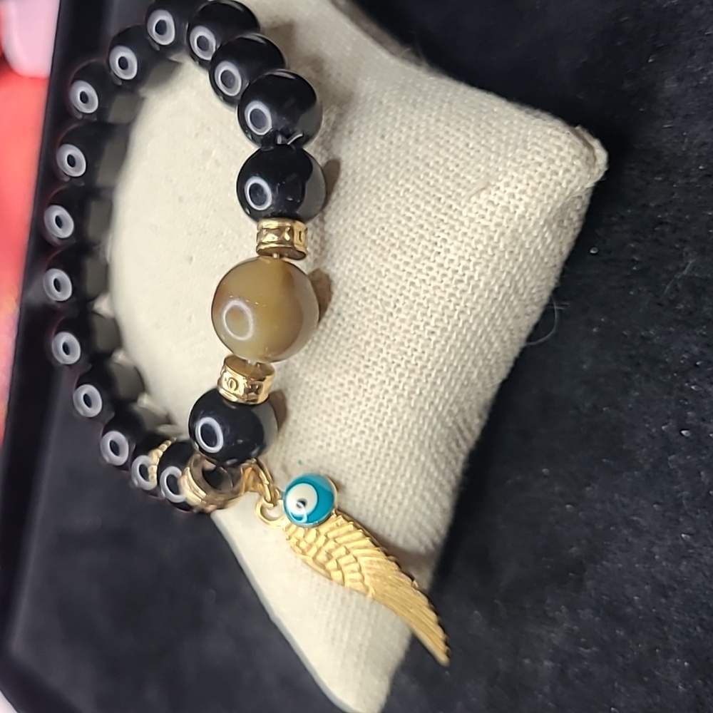 Bracelet Black Beads Gold Tone Angel Wing Evil Eye Blue White Protection Unique - Picture 5 of 5